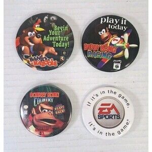 Lot (4) Vtg Nintendo 90s Video Game Promo Pins EA Sports Donkey Kong Diddy Banjo